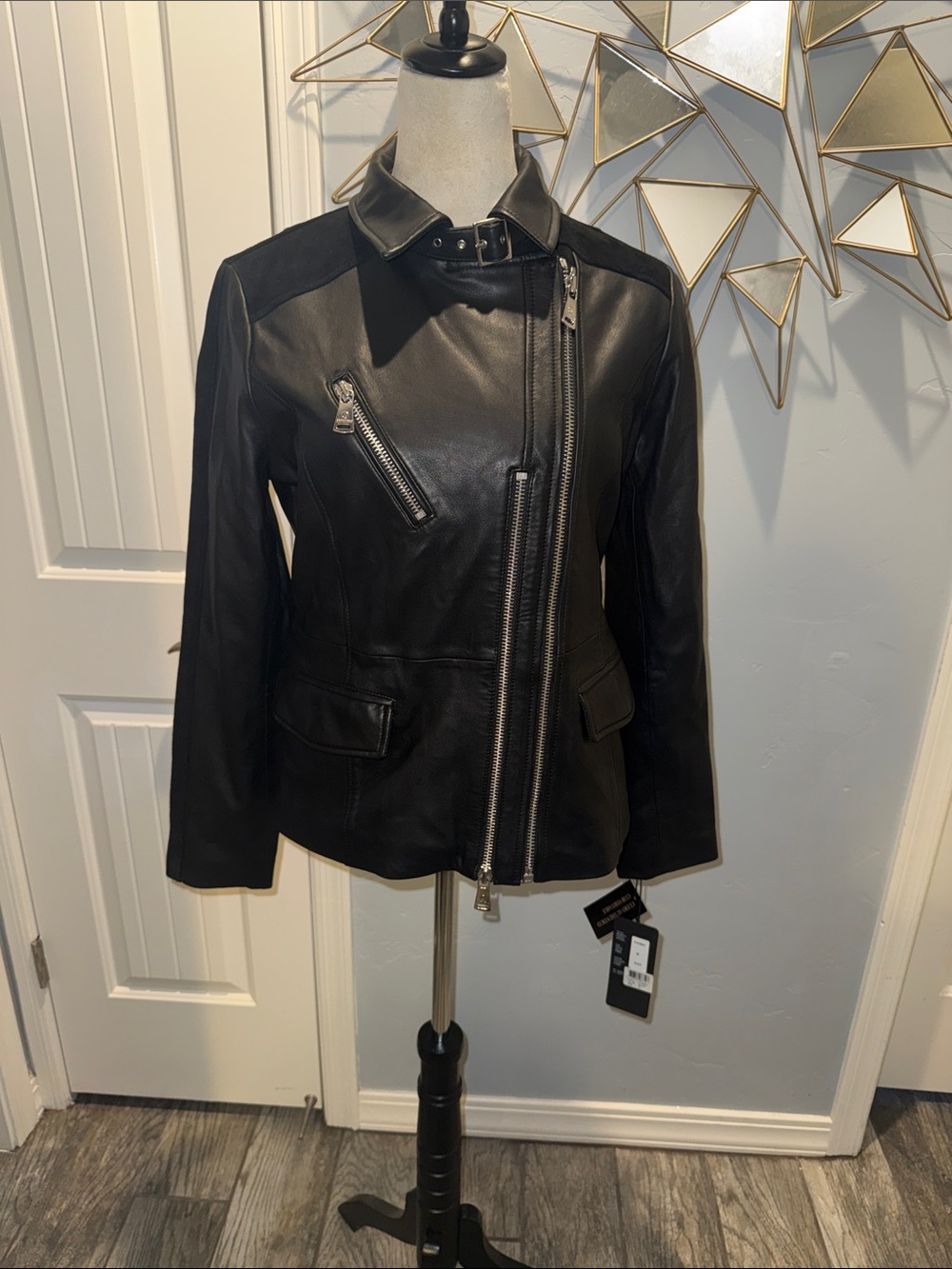 Bernardo Black Asymmetrical Zip Leather Moto Jacket